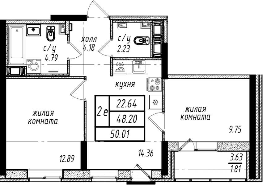 2-комнатная квартира 50.01 м², 12/16 эт., ЖК «Северная Долина»